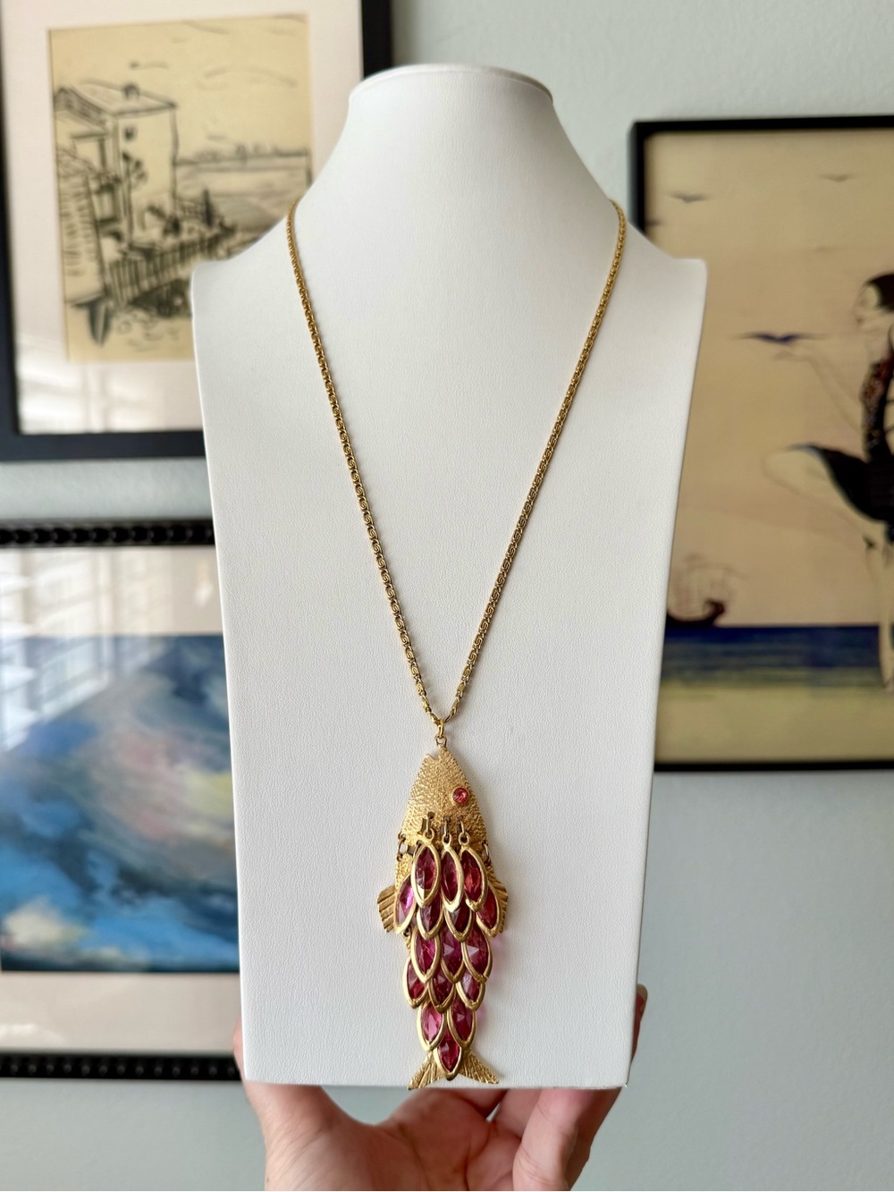 Vintage Articulated Fish Pendant Pink Glass Marquise Cabochon Goldtone Necklace